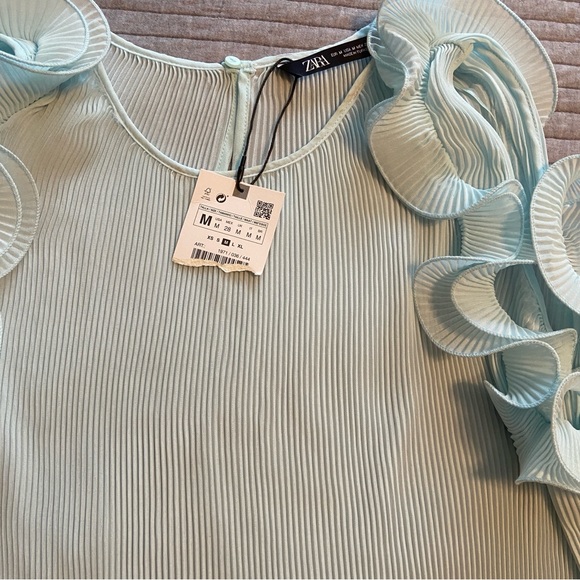Blue Zara Boho Ruffle Sleeve Pleated Blouse Top - Picture 3 of 7